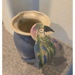 VTG Studio Pottery Pitcher Bird Handle Blue Glaze Signed 7" Folk Art Parrot